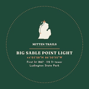 May include: A circular dark green graphic featuring a cream-colored map of Michigan with a dotted path and star. Text reads: MITTEN TRAILS, BIG SABLE POINT LIGHT, 44&deg;03'28"N 86&deg;30'52"W, First lit 1867, 112 ft tower, Ludington State Park.