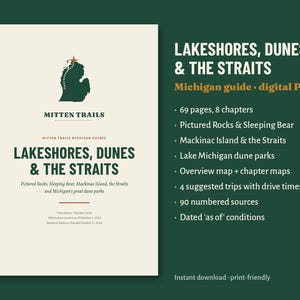 May include: A digital PDF guide titled Lakeshores, Dunes & The Straits by Mitten Trails. The cover features a green Michigan silhouette, text details, and a list of contents including 69 pages, 8 chapters, maps, and 4 suggested trips.