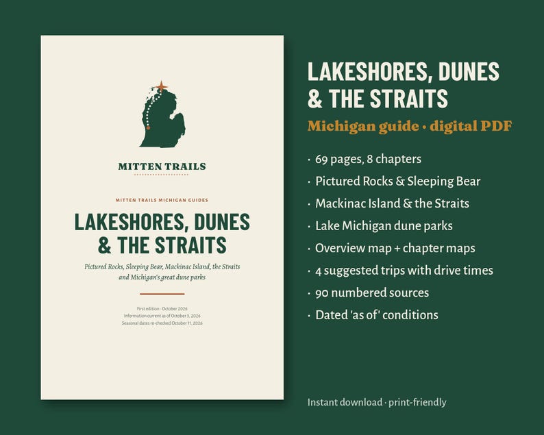 May include: A digital PDF guide titled Lakeshores, Dunes & The Straits by Mitten Trails. The cover features a green Michigan silhouette, text details, and a list of contents including 69 pages, 8 chapters, maps, and 4 suggested trips.