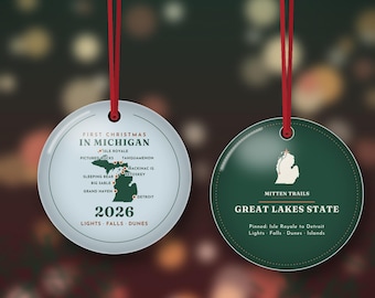 First Christmas in Michigan Ornament 2026, Michigan Map Christmas Ornament, New to Michigan Gift, Double Sided Metal