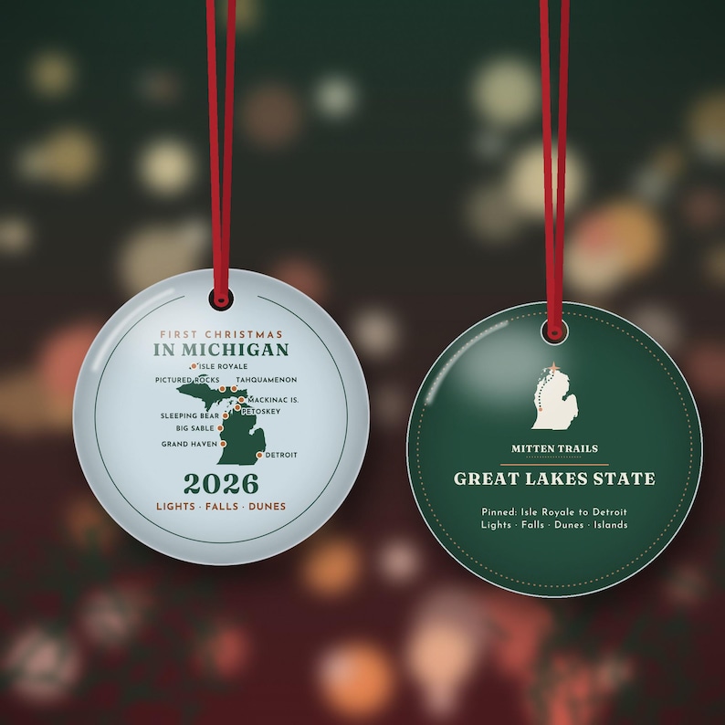 First Christmas in Michigan Ornament 2026, Michigan Map Christmas Ornament, New to Michigan Gift, Double Sided Metal image 1