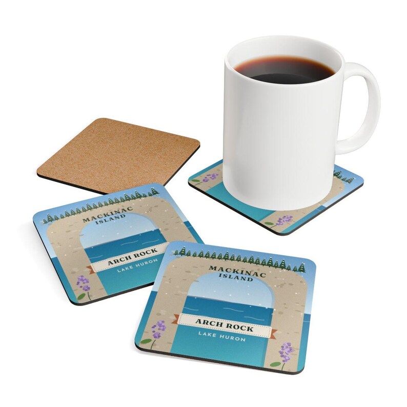 Mackinac Island Arch Rock Coaster Set of 4, Four Identical Coasters, Lake Huron Michigan Gift, High-Gloss MDF Top with Cork Back image 4