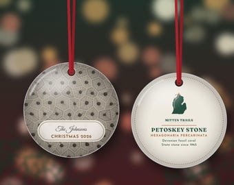 Petoskey Stone Ornament 2026, Personalized Family Name Michigan Christmas Ornament, Fossil Coral, Double Sided Metal