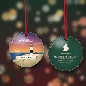 New Home in Michigan Ornament 2026, Big Sable Lighthouse Housewarming Gift, Lake Michigan Christmas Ornament, Double Sided Metal image 2