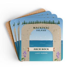 Mackinac Island Arch Rock Coaster Set of 4, Four Identical Coasters, Lake Huron Michigan Gift, High-Gloss MDF Top with Cork Back image 6