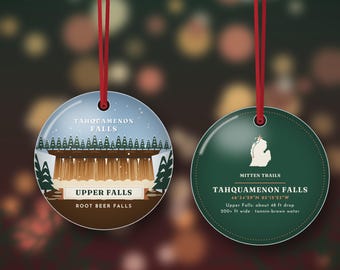 Tahquamenon Falls Christmas Ornament, Upper Peninsula Root Beer Falls, Michigan Waterfall Gift, Double Sided Metal