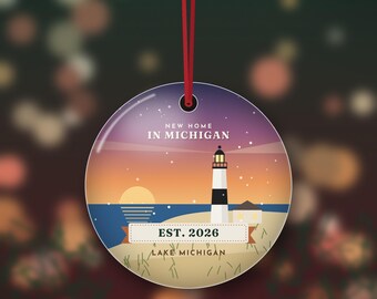 New Home in Michigan Ornament 2026, Big Sable Lighthouse Housewarming Gift, Lake Michigan Christmas Ornament, Double Sided Metal