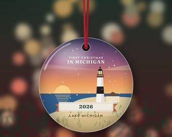 First Christmas in Michigan Ornament 2026, Big Sable Lighthouse at Sunset, Lake Michigan Christmas Gift, Double Sided Metal