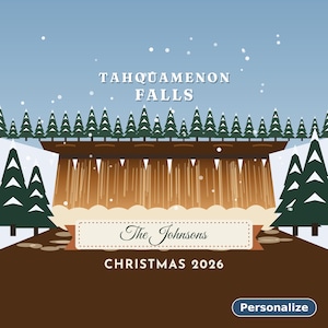 May include: A graphic illustration of Tahquamenon Falls in winter with dark green pine trees, a brown waterfall, and falling snow. A central banner displays the text The Johnsons and CHRISTMAS 2026. A blue button at the bottom reads Personalize.