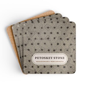 Petoskey Stone Coaster Set of 4, Four Identical Fossil Coral Pattern Coasters, Michigan State Stone Gift, High-Gloss MDF Top with Cork Back image 6