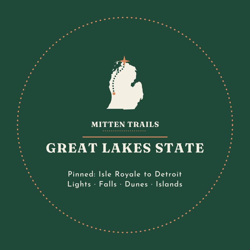 May include: A circular graphic on a dark green background featuring a cream-colored map of Michigan with a dotted trail and star. Text reads: MITTEN TRAILS, GREAT LAKES STATE, Pinned: Isle Royale to Detroit, Lights, Falls, Dunes, Islands.