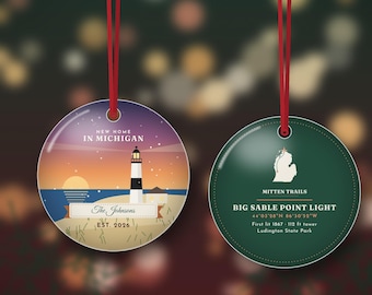New Home in Michigan Ornament 2026, Personalized Family Name Housewarming Gift, Big Sable Lighthouse, Double Sided Metal