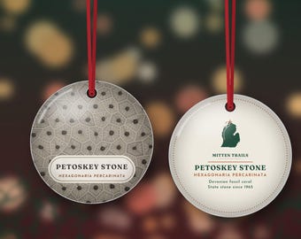 Petoskey Stone Christmas Ornament, Michigan Fossil Coral, Northern Michigan Beach Gift, Double Sided Metal Ornament