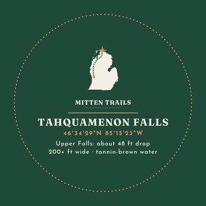 May include: A circular graphic on a dark green background featuring a white map of Michigan with a dotted trail and star. Text reads: MITTEN TRAILS, TAHQUAMENON FALLS, 46&deg;34'29"N 85&deg;15'23"W, Upper Falls: about 48 ft drop, 200+ ft wide, tannin-brown water.