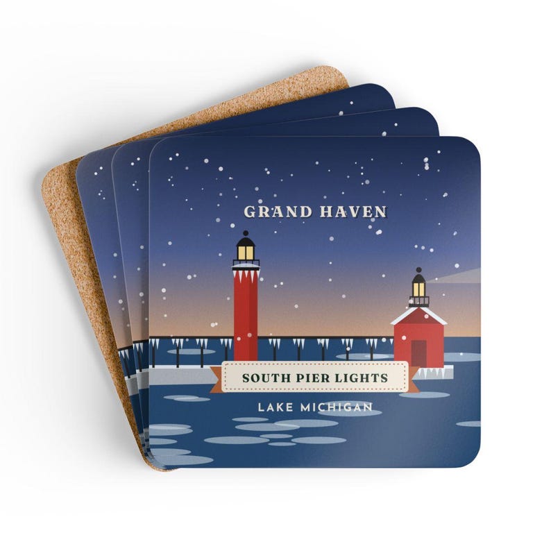 Grand Haven Coaster Set of 4, Four Identical South Pier Lights Coasters, Lake Michigan Lighthouse Gift, High-Gloss MDF Top with Cork Back immagine 6