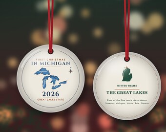 First Christmas in Michigan Ornament 2026, Great Lakes Map Christmas Ornament, New to Michigan Gift, Double Sided Metal