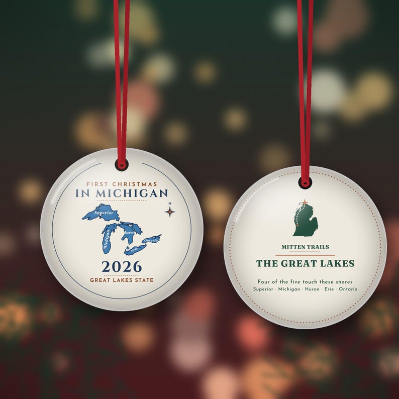 First Christmas in Michigan Ornament 2026, Great Lakes Map Christmas Ornament, New to Michigan Gift, Double Sided Metal image 1