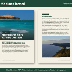 Op de afbeelding: Een informatieve gids van twee pagina's getiteld How the dunes formed, met tekst over Sleeping Bear Dunes National Lakeshore, Lake Michigan en de legende van de slapende beer, naast foto's van het landschap en de duinen.