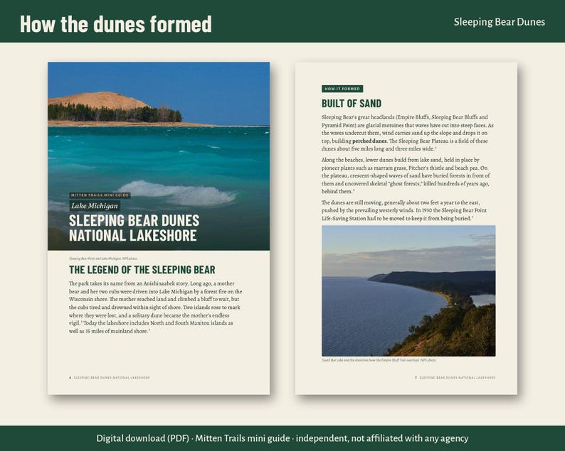 Op de afbeelding: Een informatieve gids van twee pagina's getiteld How the dunes formed, met tekst over Sleeping Bear Dunes National Lakeshore, Lake Michigan en de legende van de slapende beer, naast foto's van het landschap en de duinen.