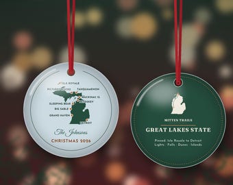 Michigan Map Ornament 2026, Personalized Family Name Christmas Ornament, Both Peninsulas, Isle Royale to Detroit, Double Sided Metal