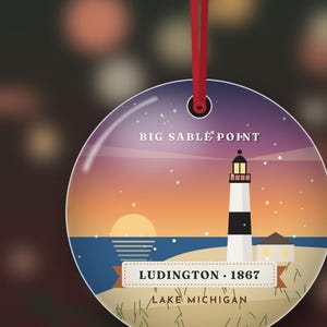 Big Sable Point fyr julgransprydnad, Ludington sanddyner vid solnedgången, present till Lake Michigan, dubbelsidig metall bild 4