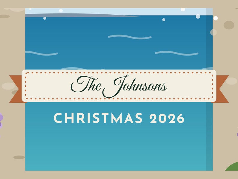 May include: A square blue graphic print featuring a horizontal cream-colored banner with a brown border. The text reads The Johnsons in a black script font and CHRISTMAS 2026 in a white sans-serif font centered on the blue background.