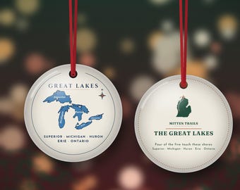 Great Lakes Map Christmas Ornament, Lake House Gift for Michigan Lake Lovers, Double Sided Metal Ornament