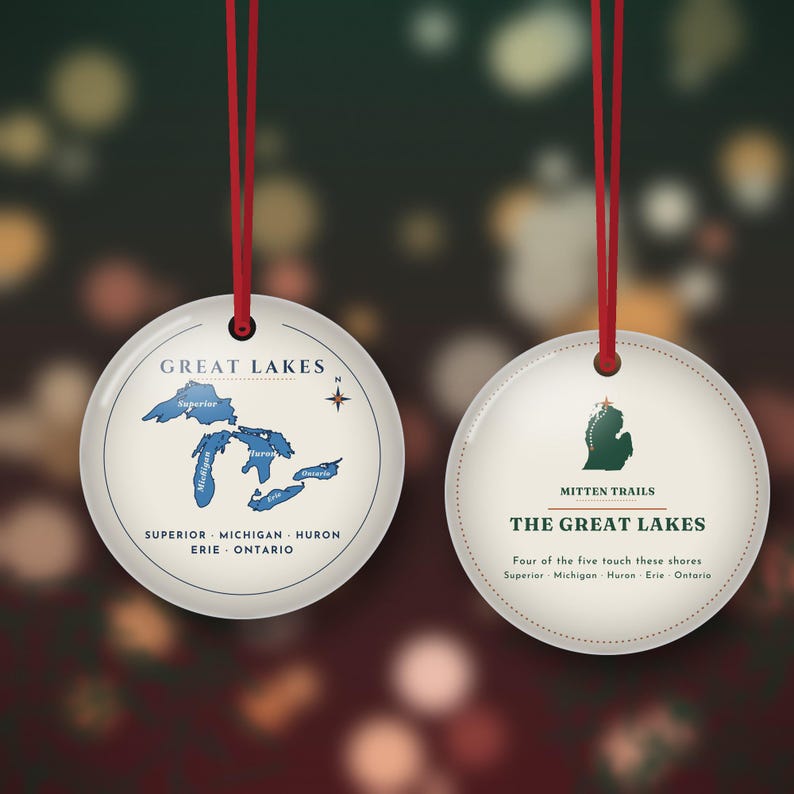Great Lakes Map Christmas Ornament, Lake House Gift for Michigan Lake Lovers, Double Sided Metal Ornament image 1