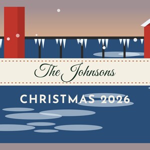 May include: A graphic illustration featuring a red building and a dark blue frozen lake with icicles. A central cream-colored banner displays the text The Johnsons and CHRISTMAS 2026 in black lettering against a winter landscape background.