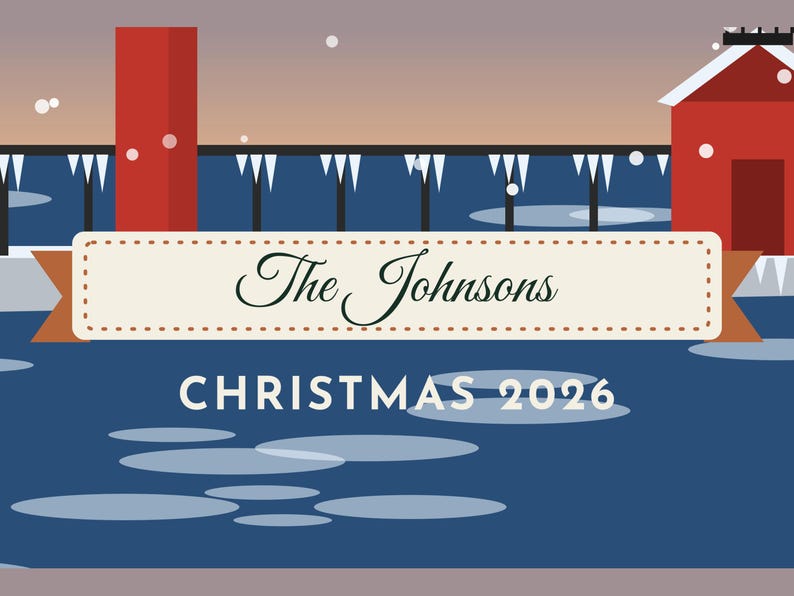 May include: A graphic illustration featuring a red building and a dark blue frozen lake with icicles. A central cream-colored banner displays the text The Johnsons and CHRISTMAS 2026 in black lettering against a winter landscape background.