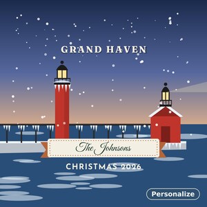May include: A graphic illustration of the Grand Haven lighthouse in winter with snow falling. The image features red lighthouses, a dark blue sky, and icy water. A central banner displays the text The Johnsons and CHRISTMAS 2026.