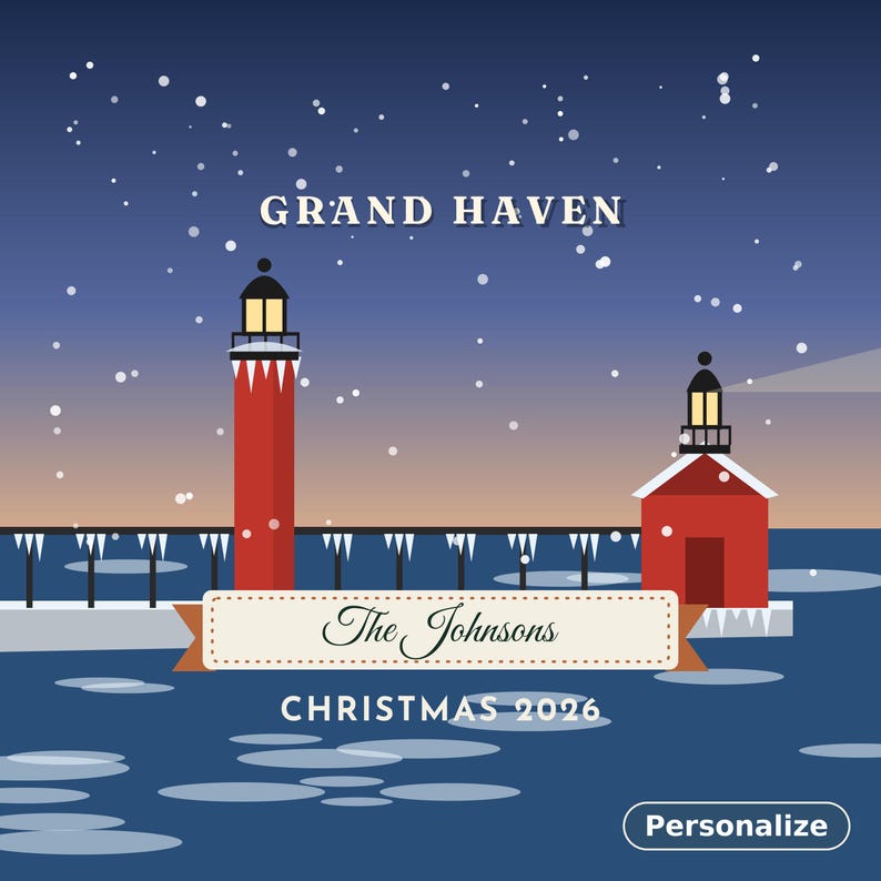May include: A graphic illustration of the Grand Haven lighthouse in winter with snow falling. The image features red lighthouses, a dark blue sky, and icy water. A central banner displays the text The Johnsons and CHRISTMAS 2026.