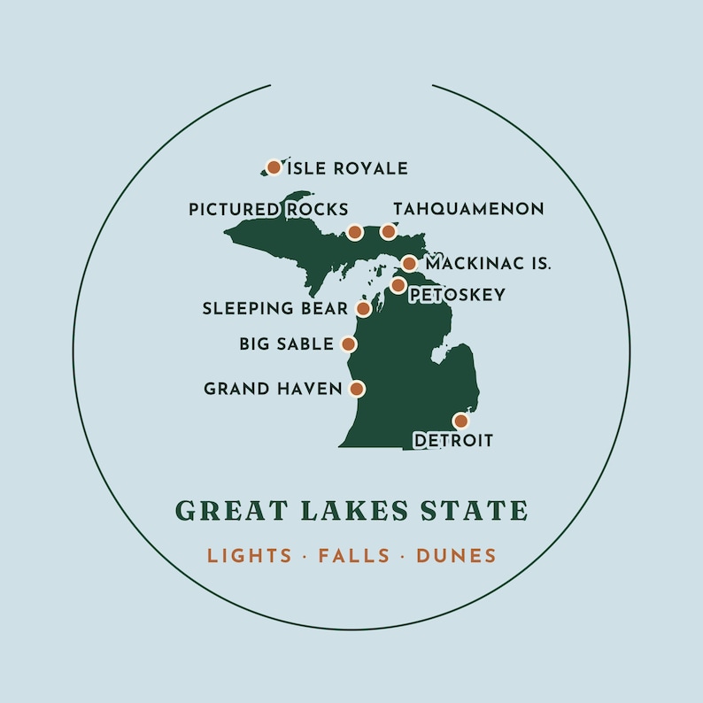 May include: A circular graphic print featuring a dark green map of Michigan on a light blue background. It marks locations like Isle Royale, Pictured Rocks, and Detroit with orange dots. Text reads Great Lakes State, Lights, Falls, Dunes.