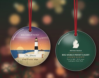 Big Sable Lighthouse Ornament 2026, Personalized Family Name Christmas Ornament, Ludington, Lake Michigan Gift, Double Sided Metal