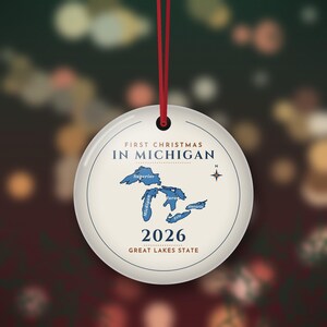 First Christmas in Michigan Ornament 2026, Great Lakes Map Christmas Ornament, New to Michigan Gift, Double Sided Metal image 2