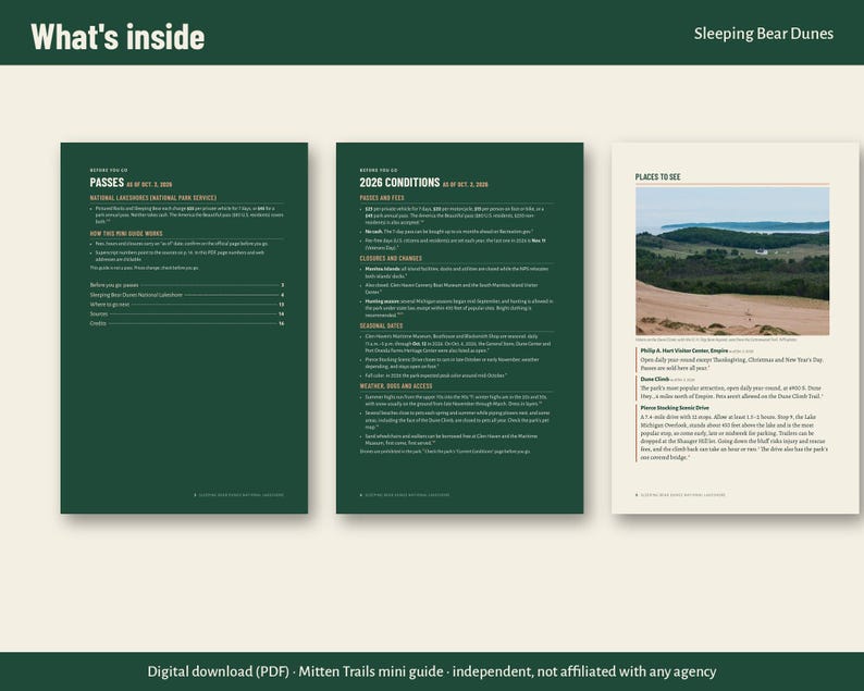 Op de afbeelding: Een digitale gids getiteld What's inside Sleeping Bear Dunes met drie pagina's. Twee donkergroene pagina's bevatten tekst over passen en voorwaarden voor 2026. Een derde cr&egrave;mekleurige pagina toont tekst en een foto van een landschap.
