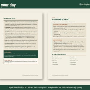 Op de afbeelding: Een informatieve gids van twee pagina's getiteld Plan your day voor Sleeping Bear Dunes. Het document bevat secties met de titels Know Before You Go, Dune Manners, A Sleeping Bear Day en een Mitten Trails-checklist met selectievakjes.