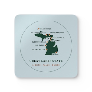 Michigan Mitten Map Coaster Set of 4, Four Identical Coasters, Both Peninsulas with Pinned Places, High-Gloss MDF Top with Cork Back