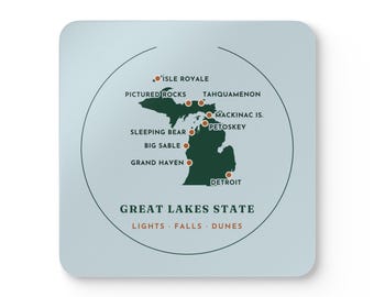 Michigan Mitten Map Coaster Set of 4, Four Identical Coasters, Both Peninsulas with Pinned Places, High-Gloss MDF Top with Cork Back