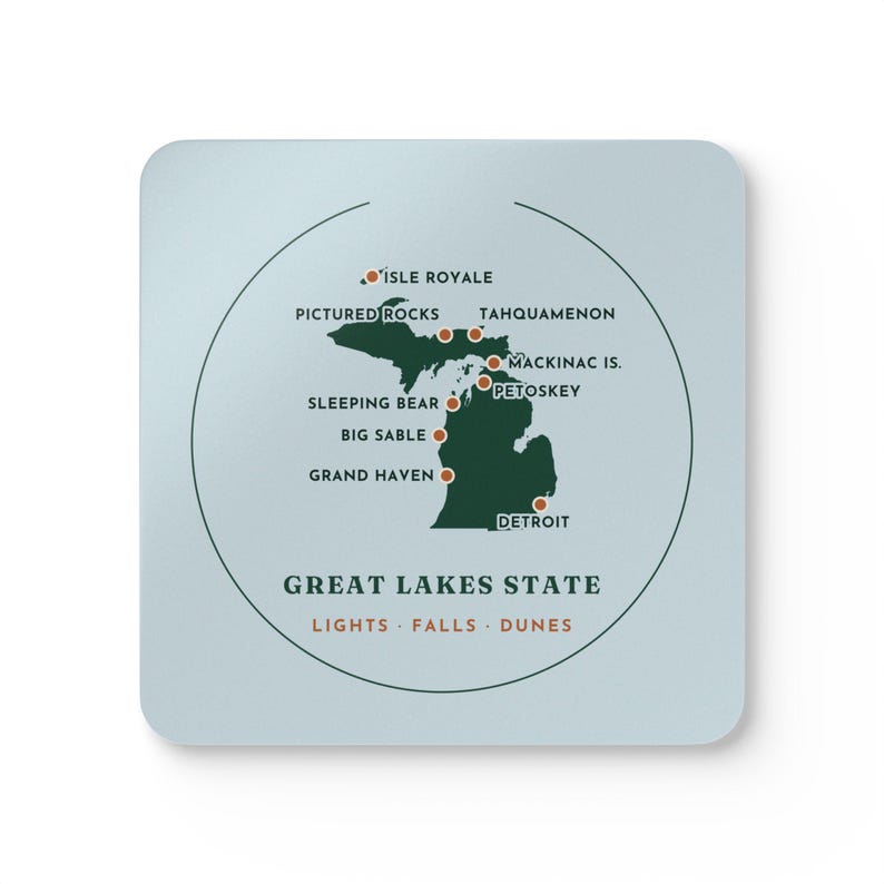 Michigan Mitten Map Coaster Set of 4, Four Identical Coasters, Both Peninsulas with Pinned Places, High-Gloss MDF Top with Cork Back image 1