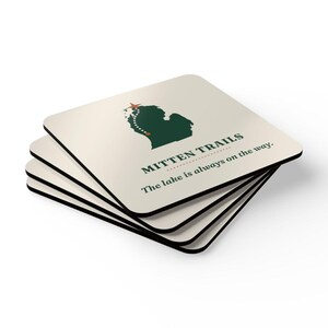 Mitten Trails Logo Coaster Set of 4, Four Identical Michigan Map Coasters, Lake and Road Trip Gift, High-Gloss MDF Top with Cork Back image 2