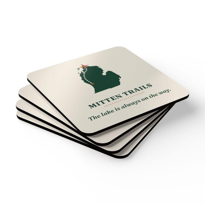 Mitten Trails Logo Coaster Set of 4, Four Identical Michigan Map Coasters, Lake and Road Trip Gift, High-Gloss MDF Top with Cork Back image 2