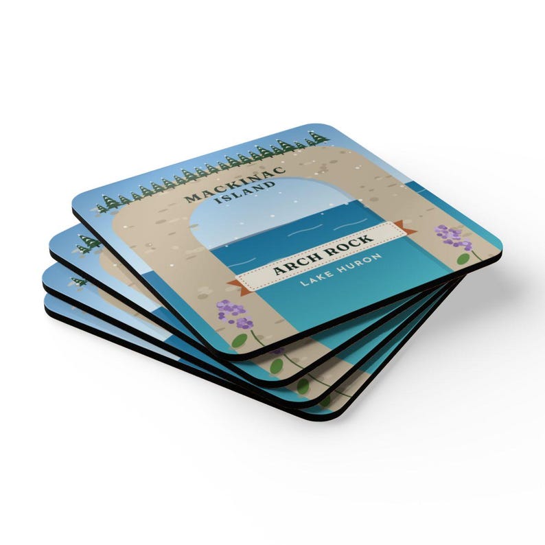 Mackinac Island Arch Rock Coaster Set of 4, Four Identical Coasters, Lake Huron Michigan Gift, High-Gloss MDF Top with Cork Back image 2