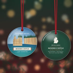 Weihnachtsschmuck „Pictured Rocks“, Motiv: Miners Castle und Klippen am Lake Superior, Geschenkidee für die Obere Halbinsel, doppelseitiges Metall Bild 1