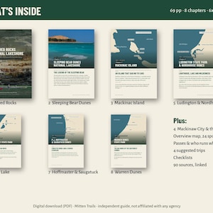 May include: A digital PDF guide titled Mitten Trails featuring 69 pages and 8 chapters. The document displays maps and descriptions for Pictured Rocks, Sleeping Bear Dunes, Mackinac Island, Ludington, Silver Lake, Hoffmaster, Saugatuck, and Warren Dunes.