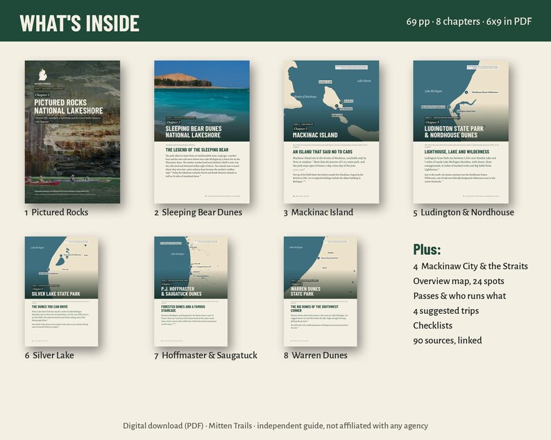 May include: A digital PDF guide titled Mitten Trails featuring 69 pages and 8 chapters. The document displays maps and descriptions for Pictured Rocks, Sleeping Bear Dunes, Mackinac Island, Ludington, Silver Lake, Hoffmaster, Saugatuck, and Warren Dunes.