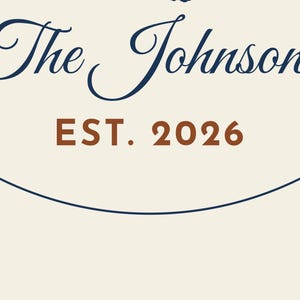 May include: A cream-colored sign featuring the dark blue cursive text The Johnsons above the brown block text EST. 2026, all enclosed within a thin dark blue circular border line.