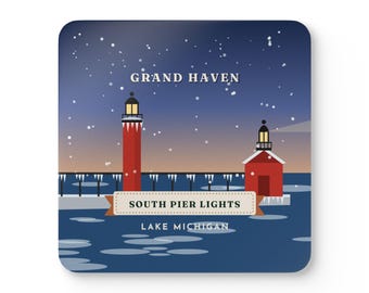 Grand Haven Coaster Set of 4, Four Identical South Pier Lights Coasters, Lake Michigan Lighthouse Gift, High-Gloss MDF Top with Cork Back
