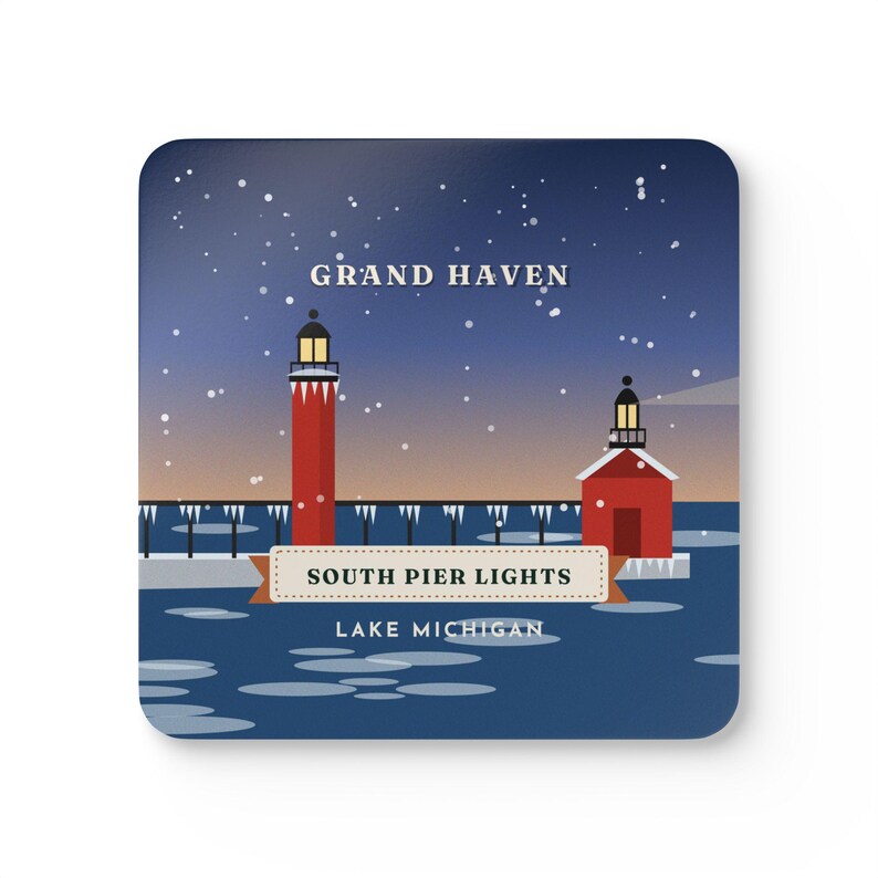 Grand Haven Coaster Set of 4, Four Identical South Pier Lights Coasters, Lake Michigan Lighthouse Gift, High-Gloss MDF Top with Cork Back immagine 1