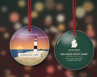 Big Sable Point Lighthouse Christmas Ornament, Ludington Dunes at Sunset, Lake Michigan Gift, Double Sided Metal